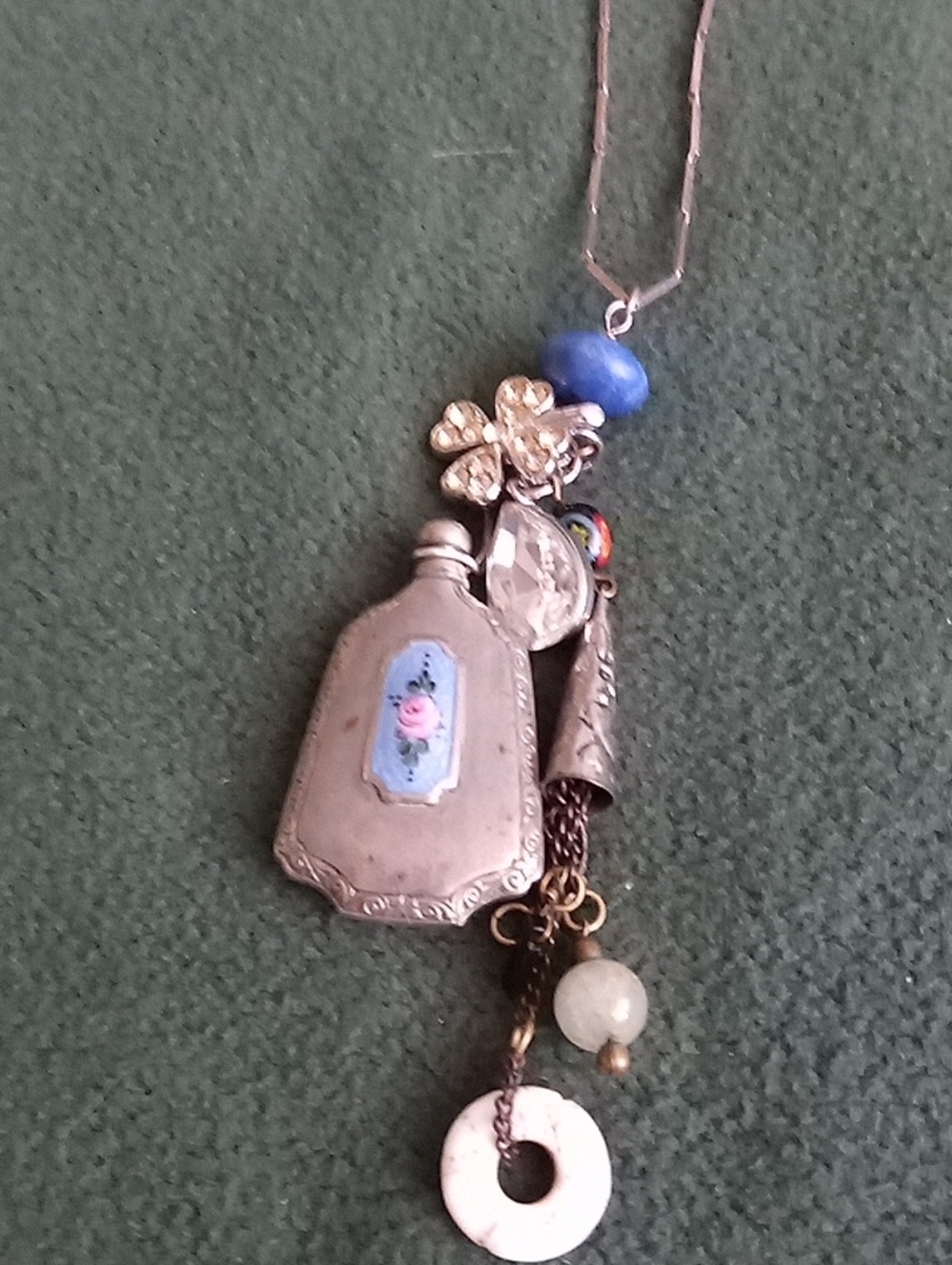 Vintage Blue /Silver Perfume Bottle W Vintage Findings On Sterling Silver Chain